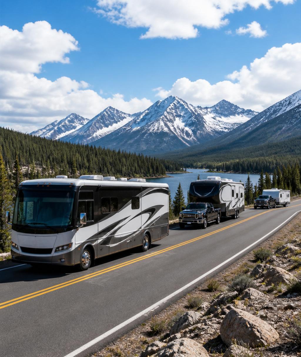 Class A motorhome driving on a scenic mountain highway